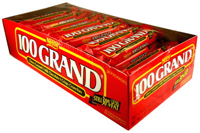 100 Grand by Nestle Chewy Caramel, Milk Chocolate & Crispy Crunches each Bar 1.5 oz Quantity 36 Bars Per Box Sweet Browse at UsaCandyWholesale.Com