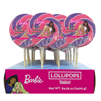 Barbie Swirly Lollipop 3.53 oz Each Lollipop Quantity 24 Pieces Per Box Sweet Browse at UsaCandyWholesale.Com