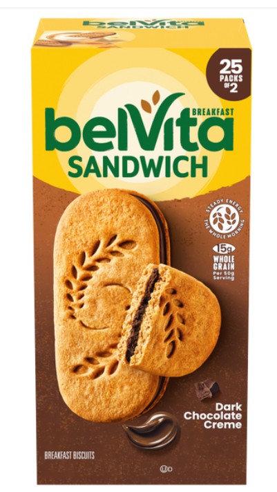 Belvita Breakfast Sandwich Dark Chocolate Each Pack 1.76 oz Quantity 2 Pieces Per Pack 25 Packs Per Box Sweet Browse at UsaCandyWholesale.Com