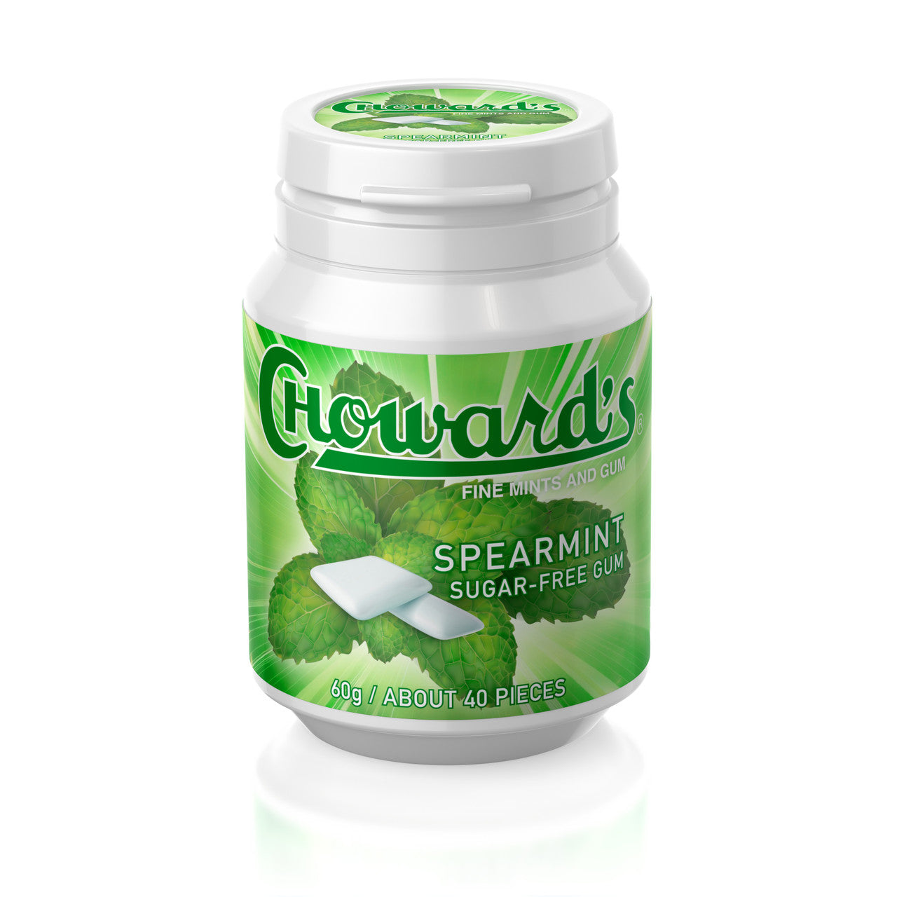 Chowards Spearmint Flavor Sugar Free Gum Quantity 40 Pieces In Each bottle 6 Bottles Per Box Sweet Browse at UsaCandyWholesale.Com