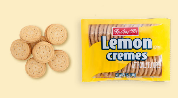 Cookies Creme Sandwich Lemon Flavor 5 oz Each Pack By Uncle Al's Quantity 12 Packs Per Case Sweet Browse at UsaCandyWholesale.Com