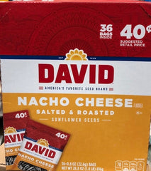 David Sunflower Seeds Nacho Cheese Flavor .8 oz Each Pack Price Printed on The Box $0.69 Quantity 36 Packs Per Box Sweet Browse at UsaCandyWholesale.Com