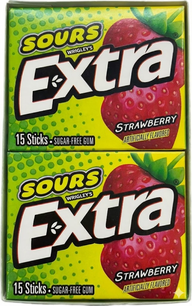 Extra Gum Sour Strawberry Sugar Free Gum Quantity 15 Sticks Per Pack 10 Packs Per Box Sweet Browse at UsaCandyWholesale.Com
