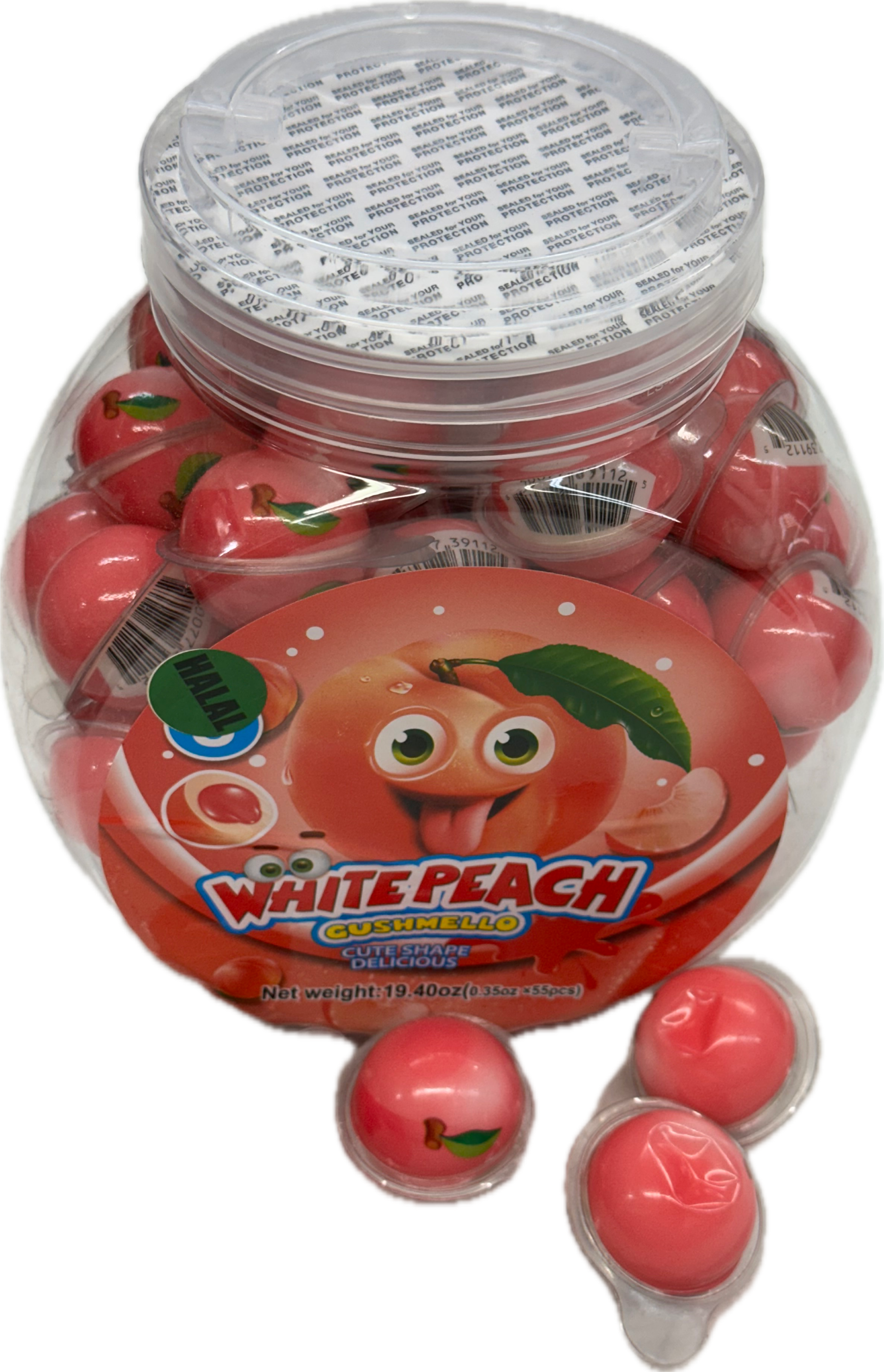 Gushmello White Peach Gummy Candy (55 Pieces) at UsaCandyWholesale.Com