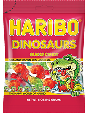 Haribo Dinosaurs Gummy Candy 5 oz Each Bag Quantity 12 Bags Per Case Sweet Browse at UsaCandyWholesale.Com