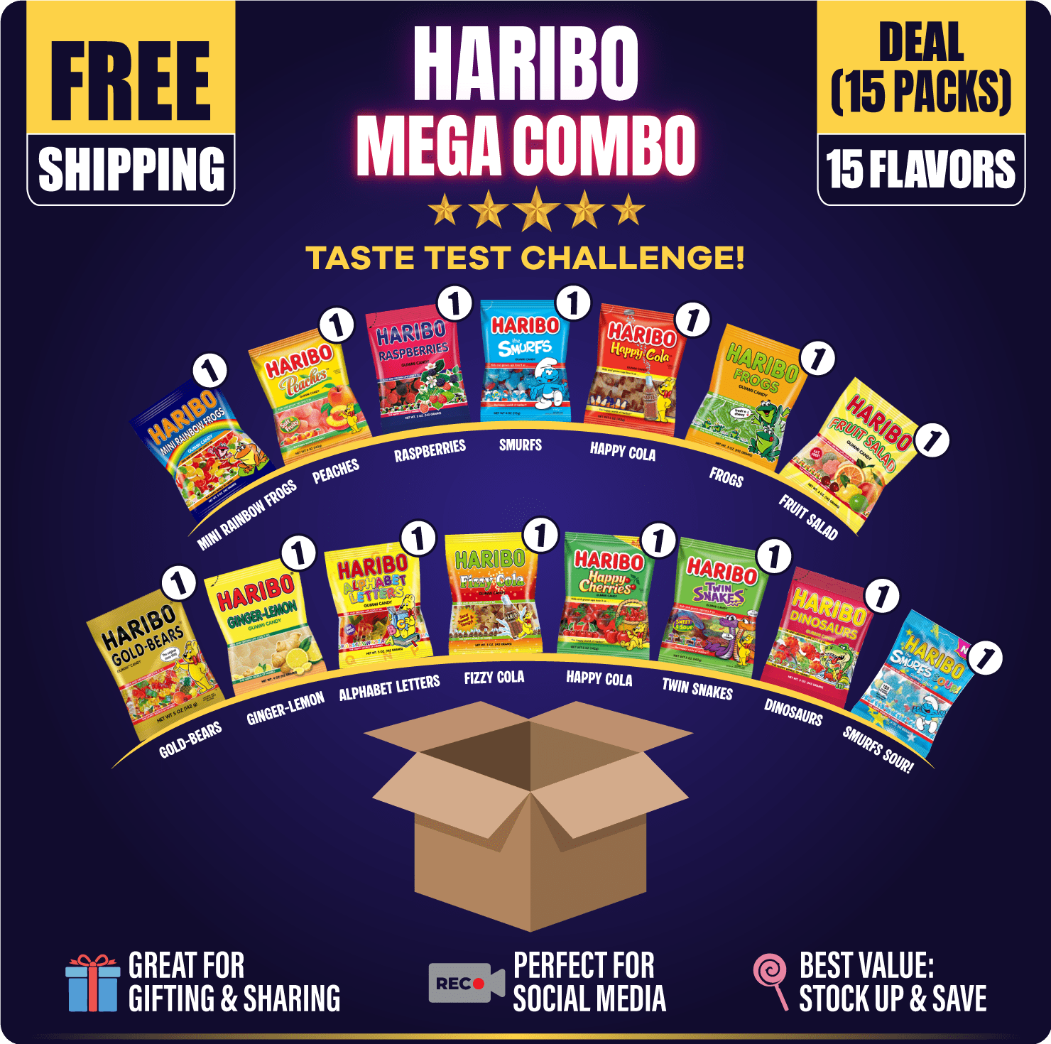 Haribo Mega Combo Deal 15 Flavors (15 Packs) at UsaCandyWholesale.Com