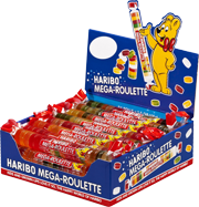 Haribo Mega Roulette Chewy Gummy Candy Each Roll 1.5 oz Quantity 24 Rolls Per Box Sweet Browse at: UsaCandyWholesale.Com