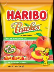 Haribo Peach Gummy Candy 5 oz Each Bag Quantity 12 Bags Per Case Sweet Browse at UsaCandyWholesale.Com