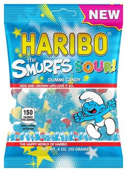 Haribo Sour Smurfs Gummy Candy 4 oz Each Bag Quantity 12 Bags Per Case Sweet Browse at UsaCandyWholesale.Com