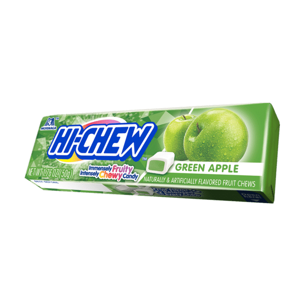 Hi Chew Fruit, Chewy Candy Green Apple Flavor Each Pack 1.76 oz Quantity 15 Packs Per Box Sweet Browse at UsaCandyWholesale.Com