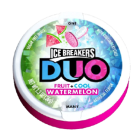 Ice Breakers By Hershey's Duo Fruit + Cool Sugar Free Mints Watermelon Flavor 1.3 oz Each Unit Quantity 8 Units Per Box Sweet Browse at UsaCandyWholesale.Com