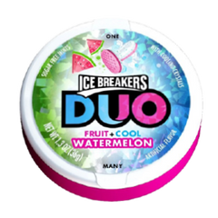 Ice Breakers By Hershey's Duo Fruit + Cool Sugar Free Mints Watermelon Flavor 1.3 oz Each Unit Quantity 8 Units Per Box Sweet Browse at UsaCandyWholesale.Com