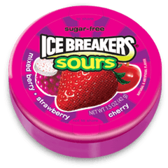 Ice Breakers By Hershey's Sugar Free Mints Sour Mixed Berry Strawberry Cherry each Pack 1.5 oz Quantity 8 Units Per Box Sweet Browse at UsaCandyWholesale.Com