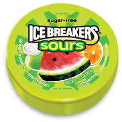 Ice Breakers By Hershey's Sugar Free Mints Sour Original Green Apple Watermelon Tangerine Each Unit 1.5 oz 8 Units Per Box Sweet Browse at UsaCandyWholesale.Com