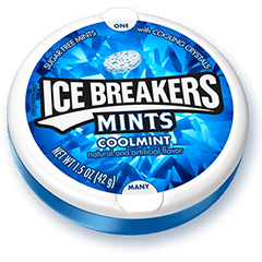 Ice Breakers Mints Coolmint Flavor Sugar Free Mints with Cooling Crystals The Box Bring 8 Packs of 1.5 oz Each Unit 8 Units Per Box Sweet Browse at UsaCandyWholesale.Com