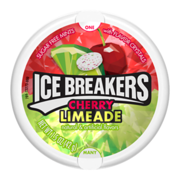Ice Breakers Mints Sugar Free Cherry Limeade Flavor 1.5 oz Each Unit Quantity 8 Units Per Box Sweet Browse at UsaCandyWholesale.Com