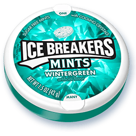 A box of Ice Breakers Mints Wintergreen flavor with cooling crystals. The box contains 8 packs of 1.5 oz each pack. at UsaCandyWolesale.Com