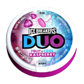 Ice Breakers by Hershey's Duo Fruit + Cool Sugar Free Mints Raspberry Flavor 1.3 oz Each Unit Quantity 8 Units Per Box Sweet Browse at UsaCandyWholesale.Com