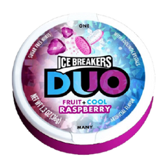 Ice Breakers by Hershey's Duo Fruit + Cool Sugar Free Mints Raspberry Flavor 1.3 oz Each Unit Quantity 8 Units Per Box Sweet Browse at UsaCandyWholesale.Com