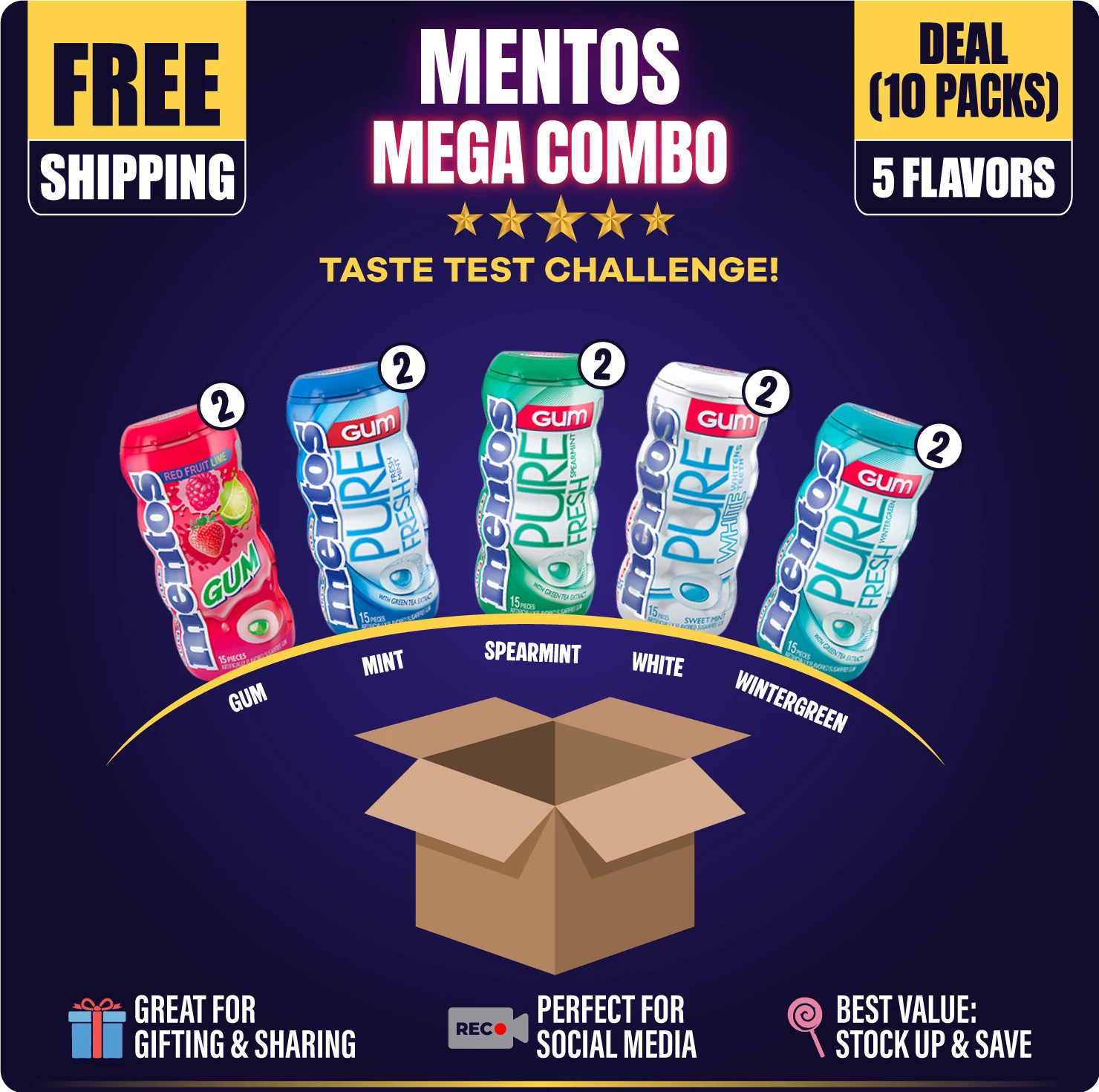 Mentos Gum Mega Combo Deal 5 Flavors (10 Ct) at UsaCandyWholesale.Com