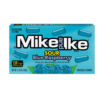 Mike and Ike Sour Blue Raspberry Theater Movie Pack 4.25 oz (1 Single Pack) Quantity 1 Single Pack Sweet Browse at UsaCandyWholesale.Com