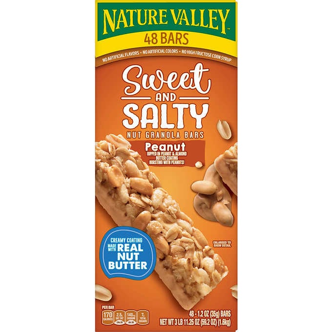 Nature Valley Peanut Sweet & Salty Nut Granola Bars Dipped In Peanut Butter Coating Bursting With Peanuts 1.2 oz Each Bar Quantity 48 Bars Per Box Sweet Browse at UsaCandyWholesale.Com