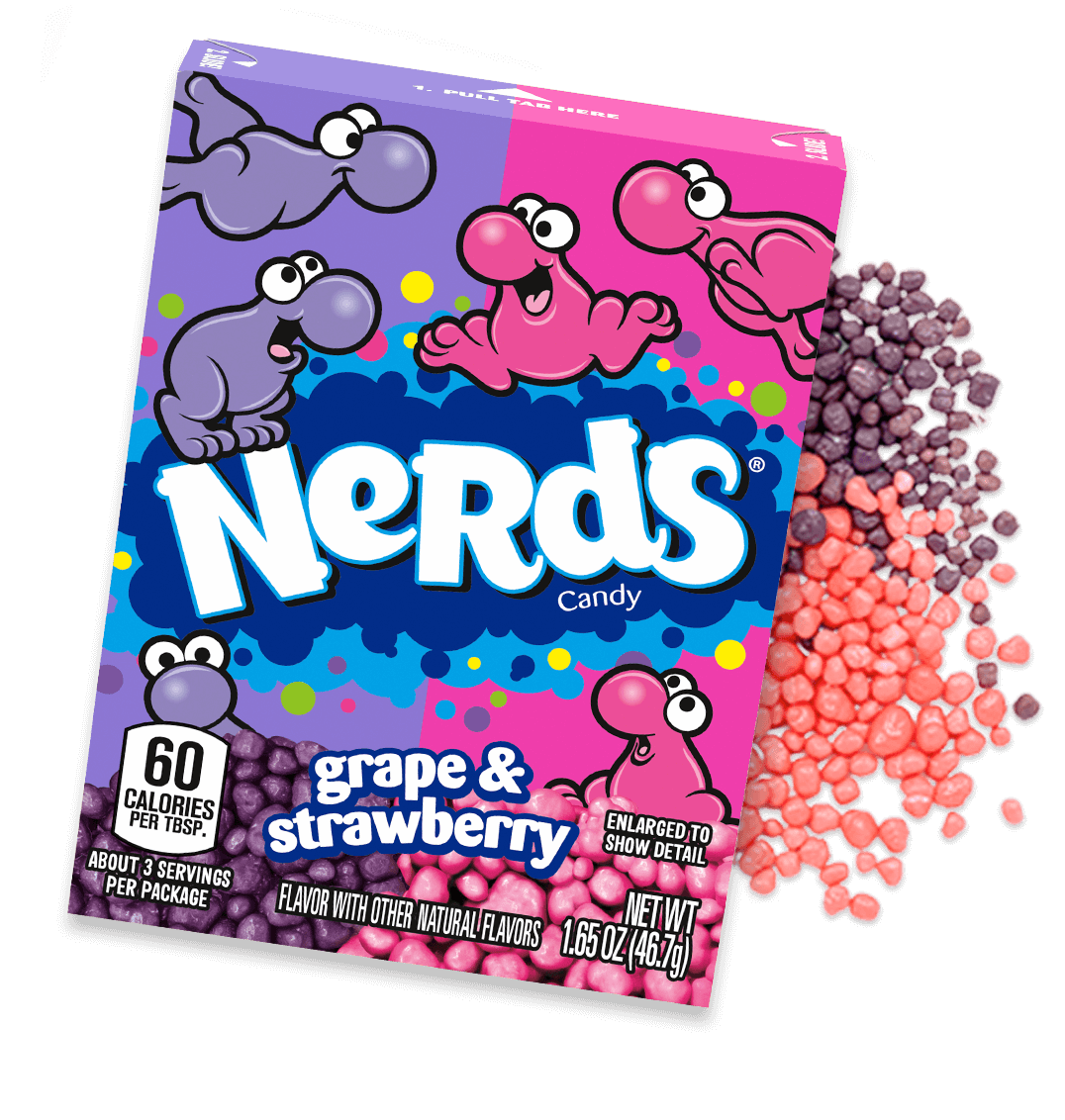 Nerds Candy By Wonka Strawberry Grape Flavors 1.65 oz Each Pack Quantity 36 Packs Per Box Sweet Browse at UsaCandyWholesale.Com