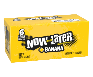 Now and Later Candy Banana Flavor 0.93 oz Each Pack Quantity 6 Pieces Per Pack 24 Packs Per Box Sweet Browse at UsaCandyWholesale.Com