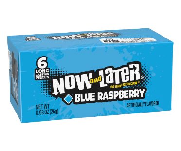 Now and Later Candy Blue Raspberry Flavor 0.93 oz Each Pack Quantity 6 Pieces Per Pack 24 Packs Per Box Sweet Browse at UsaCandyWholesale.Com