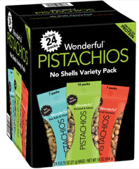 Pistachios No Shell Variety Pack Includes: Roasted & Salted, Sea Salt & Vinegar, Chili Roasted .75 oz Each Pack Quantity 24 Packs/ Box at UsaCandyWholesale.Com