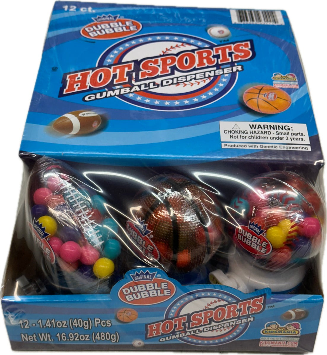 A box of 12 pieces of Hot Sports gum dispensers with individual pieces wrapped in clear plastic. The dispensers are designed to look like sports balls, and the box features colorful graphics and a warning label. at UsaCandyWholesale.Com