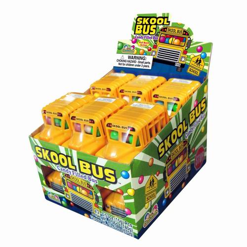 A box of 12 pieces of Skool Bus filled candy dispensers with individual packaging in yellow color. at UsaCandyWholesale.Com