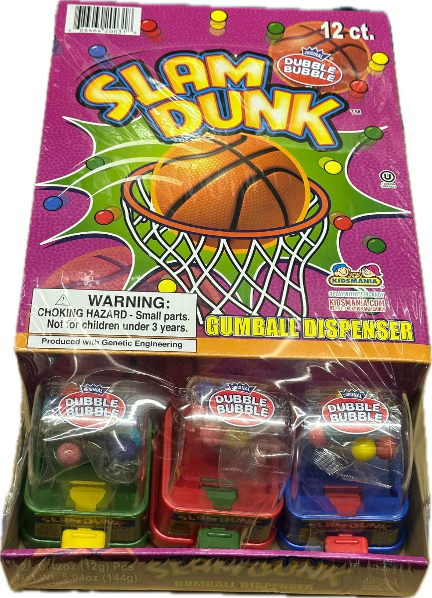 A box of 12 pieces of Slam Dunk bubble gum, with individual pieces wrapped in rainbow-colored wrappers. The box features a basketball hoop graphic and the product name prominently displayed. at UsaCandyWholesale.Com