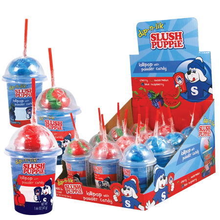 Slush Puppie Dip n Lik Lollipop With Powder Candy Comes With 3 Exciting Flavors Cherry . Watermelon . Blue Raspberry Quantity 12 Pieces Per Box Sweet Browse at UsaCandyWholesale.Com