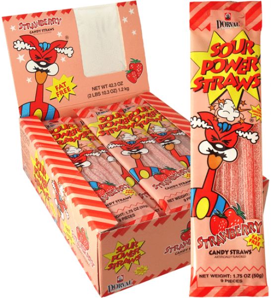 Sour Power Straws Candy Strawberry Flavor Sour Licorice Candy 1.75 Each Pack Quantity 24 Packs Per Box Sweet Browse at UsaCandyWholesale.Com