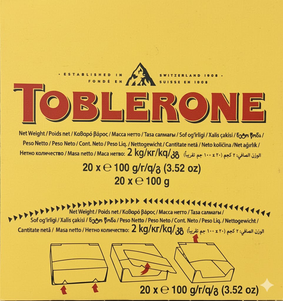 Toblerone Milk Chocolate King Size Each Bar 3.5 oz Quantity 20 Bars Per Box Sweet Browse at UsaCandyWholesale.Com