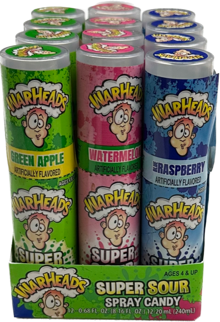 Warheads Super Sour Spray Assorted Flavors 0.68 oz Each Bottle Quantity 12 Pieces Per Box Sweet Browse at UsaCandyWholesale.Com