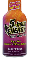 5 Hour Energy Extra Strength Sugar Free Hawaiian Breeze Flavor Each Bottle1.93 oz Quantity 12 Bottles Per Box Happy Browse at UsaCandyWholesale.Com