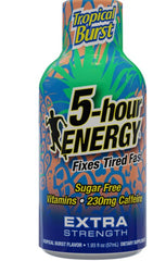 5 Hour Energy Extra Strength Sugar Free Tropical Burst Flavor Each Bottle1.93 oz Quantity 12 Bottles Per Box Happy Browse at UsaCandyWholesale.Com
