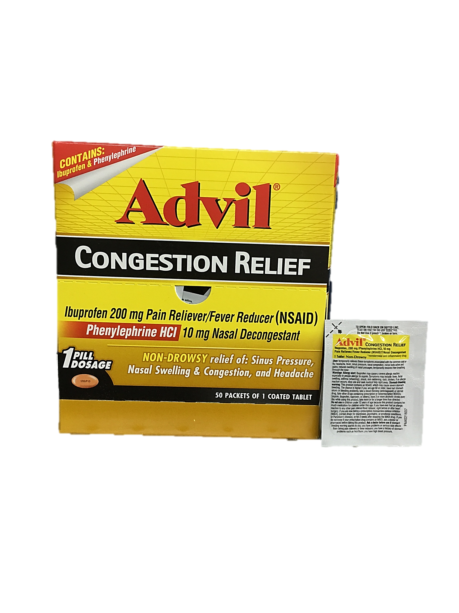 Advil Congestion Relief 200 mg Each Pouch Bring 1 Pill Quantity 1 Pills Per Packet 50 Packets Per Box Happy Browse at UsaCandyWholesale.Com