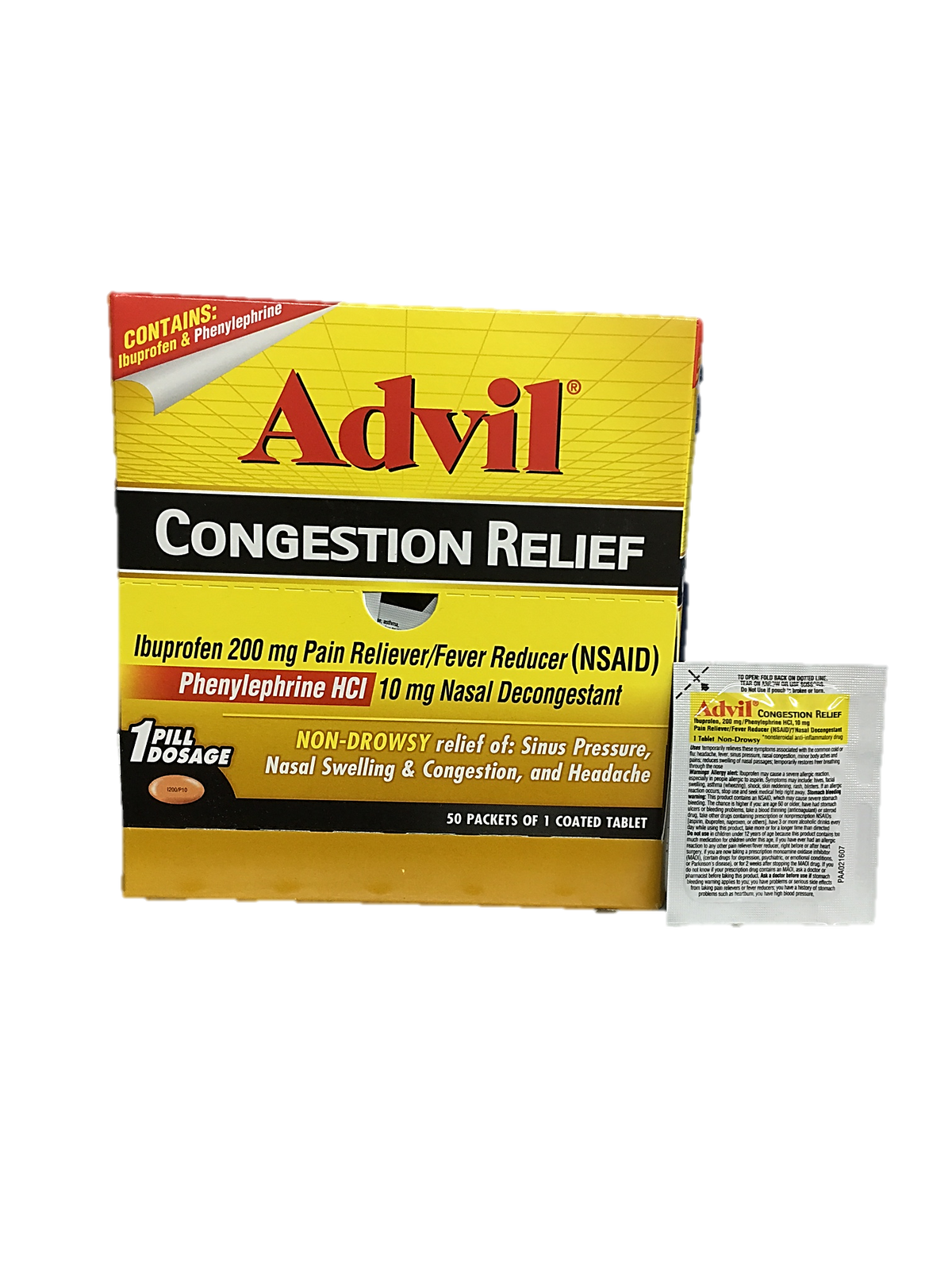 Advil Congestion Relief 200 mg Each Pouch Bring 1 Pill Quantity 1 Pills Per Packet 50 Packets Per Box Happy Browse at UsaCandyWholesale.Com