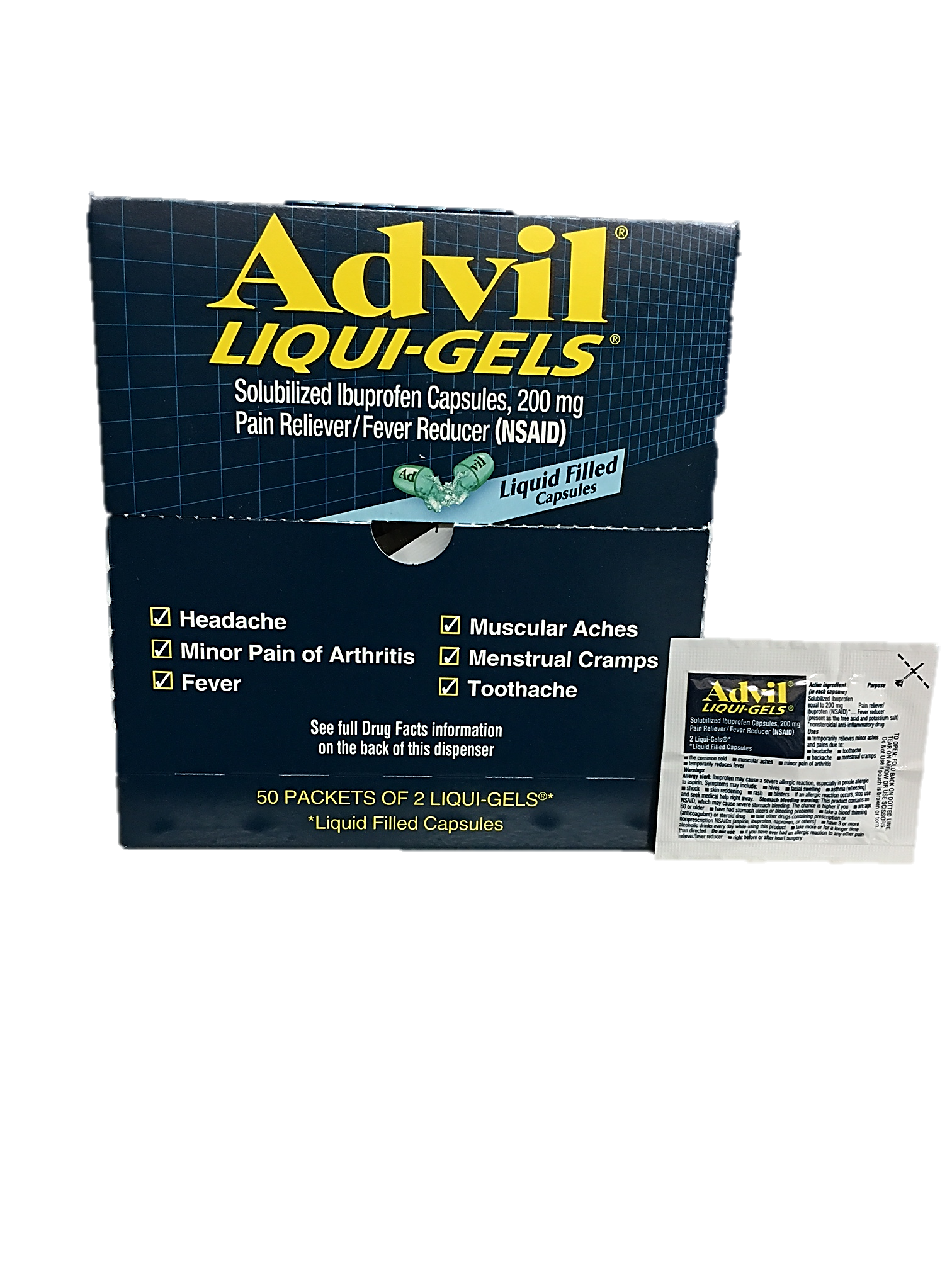 Advil Liquid-Gels 200 mg the Box Bring 50 Pouches of 2 Pills In Each Packet Quantity 2 Pills Per Packet 50 Packets Per Box Happy Browse at UsaCandyWholesale.Com