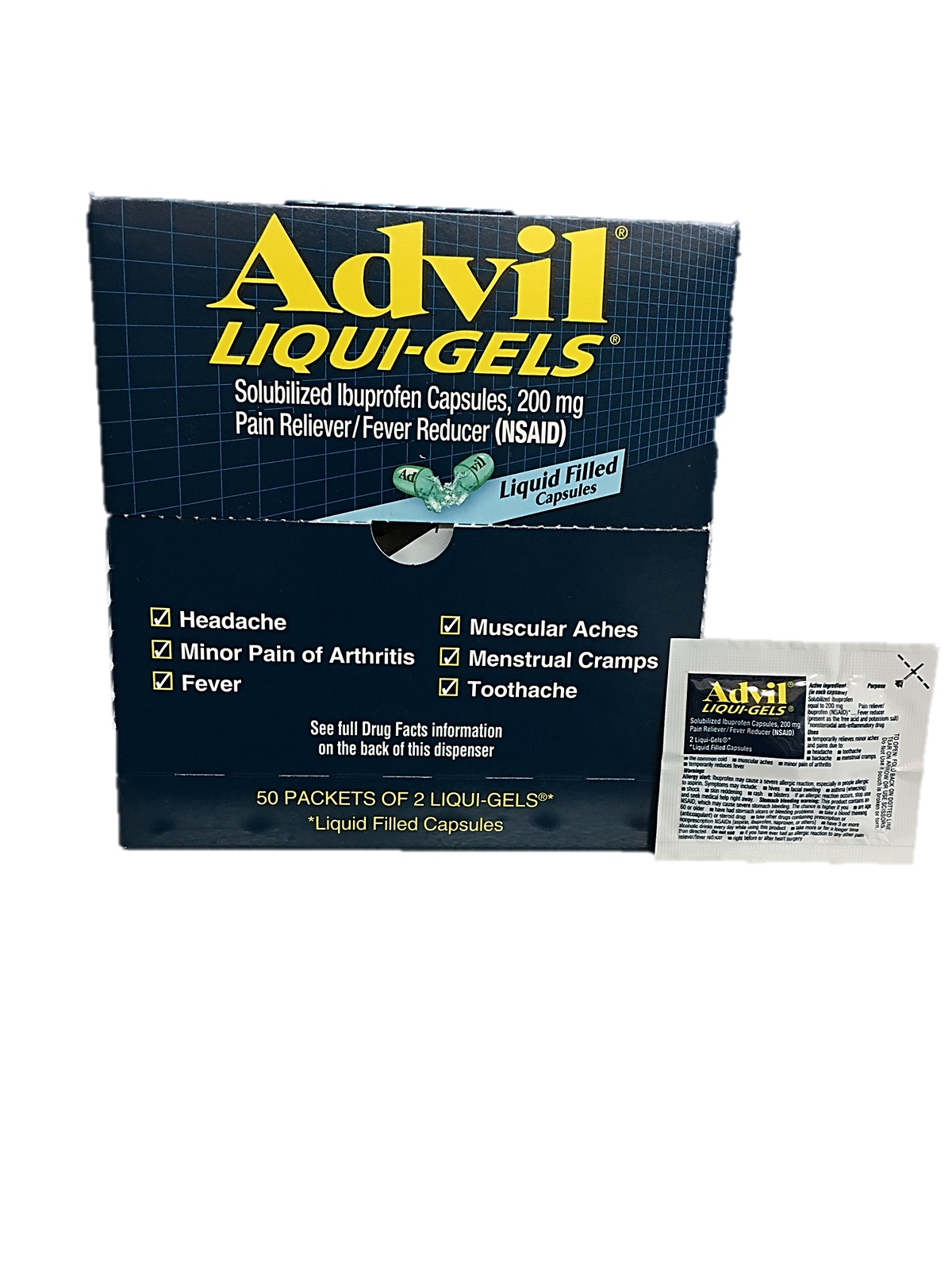 Advil Liquid-Gels 200 mg the Box Bring 50 Pouches of 2 Pills In Each Packet Quantity 2 Pills Per Packet 50 Packets Per Box Happy Browse at UsaCandyWholesale.Com