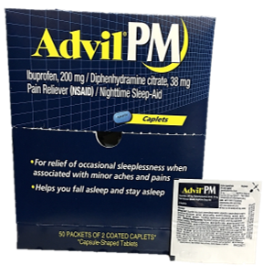 Advil PM 200 mg Caplets Each Packet Bring 2 Caplets Quantity 2 Pills Per Packet 50 Packets Per Box Happy Browse at UsaCandyWholesale.Com