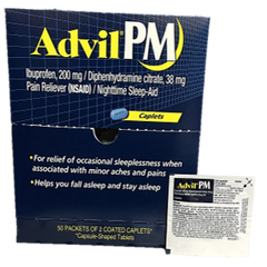 Advil PM 200 mg Caplets Each Packet Bring 2 Caplets Quantity 2 Pills Per Packet 50 Packets Per Box Happy Browse at UsaCandyWholesale.Com