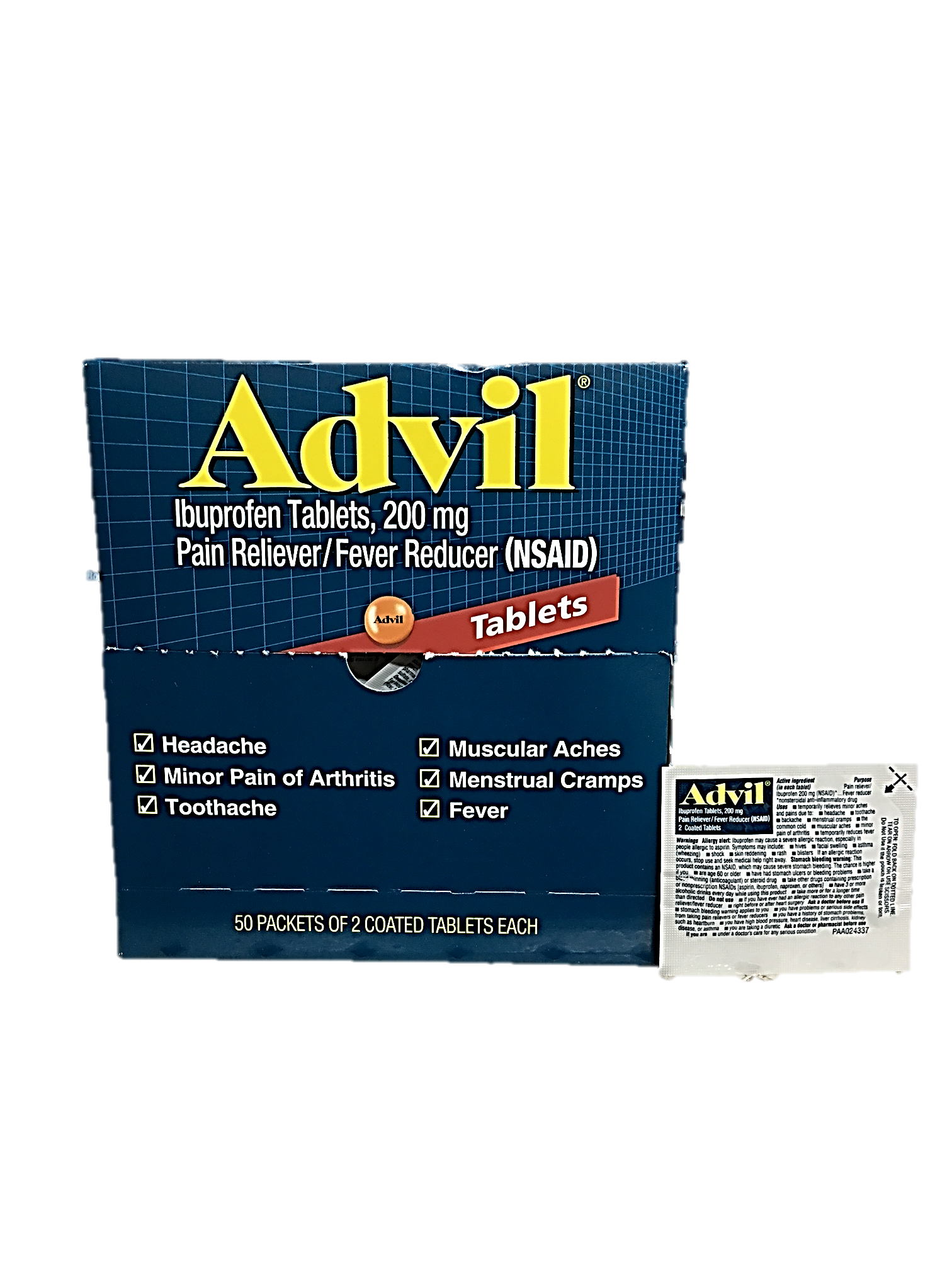 Advil Tablets 200 mg 2 Pills In Each Packet Quantity 2 Tablets Per Packet 50 Packets Per Box Happy Browse at UsaCandyWholesale.Com