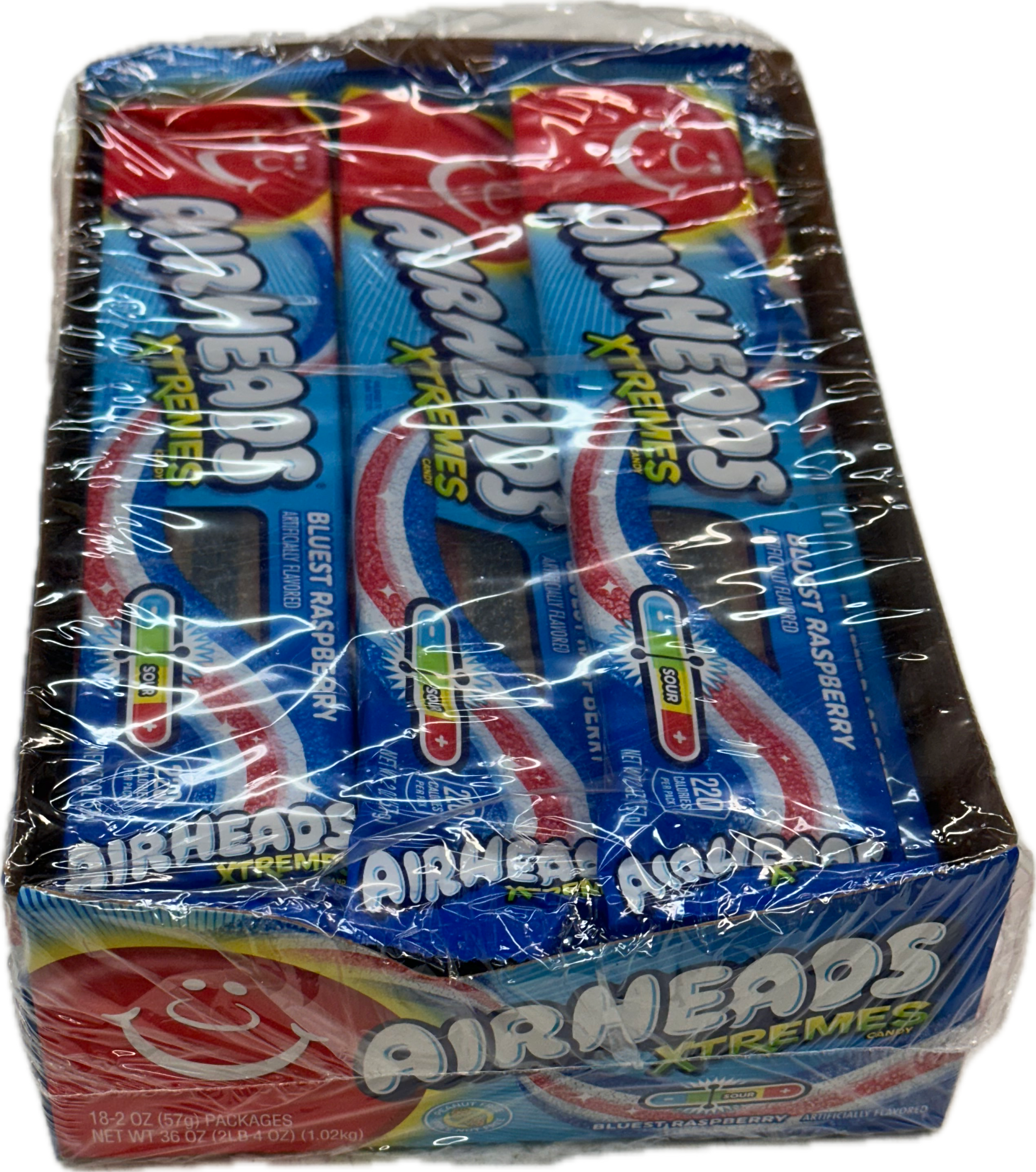Airheads Xtreme Belts Bluest Raspberry Flavor 2 oz Each Pack Quantity 18 Packs Per Box Sweet Browse at UsaCandyWholesale.Com