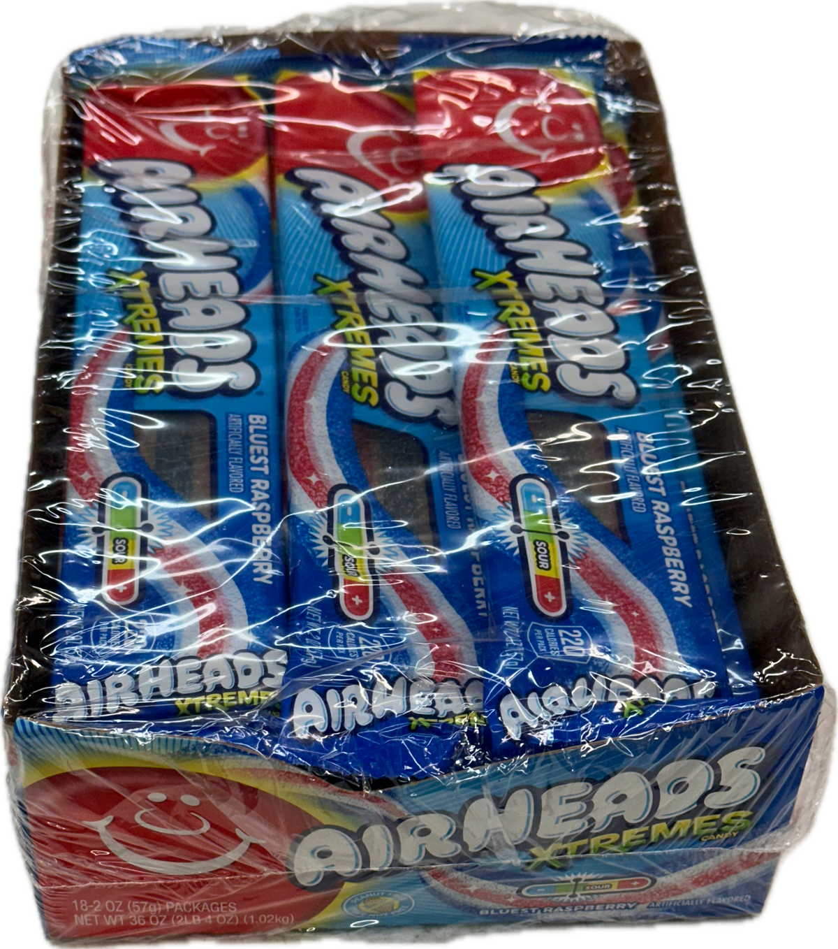 Airheads Xtreme Belts Bluest Raspberry Flavor 2 oz Each Pack Quantity 18 Packs Per Box Sweet Browse at UsaCandyWholesale.Com