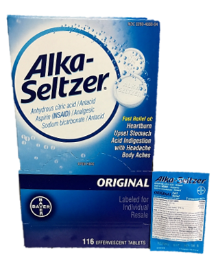 Alka Seltzer Original Pain Relief Each Packet Bring 2 Tablets Quantity 2 Tablets Per Packet 58 Packets Per Box Happy Browse at UsaCandyWholesale.Com