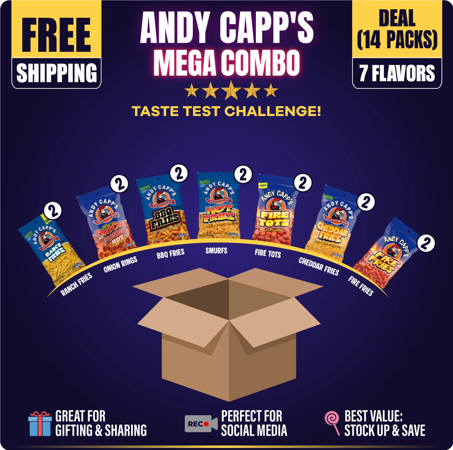 Andy Capp's Mega Combo 7 Flavors (14 Packs) at UsaCandyWholesale.Com